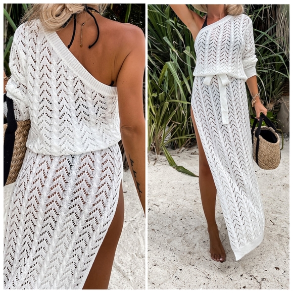 (Out of  Stock) Blue Slit Openwork Single Shoulder Knit Dress - Picture 10 of 10